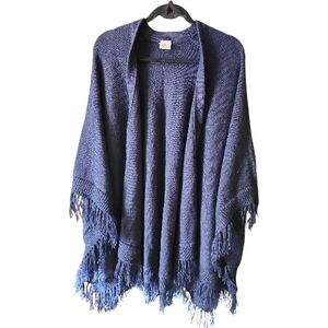 ALPACA WAREHOUSE | Deep Navy Blue Wool Warm Winter Fringed Poncho Ruana | OS